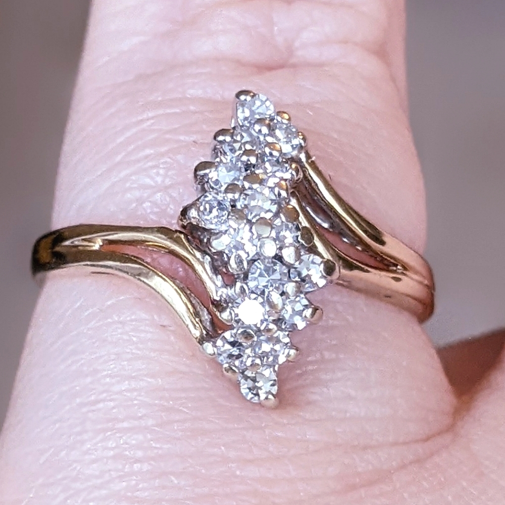 Antique 14K gold diamond waterfall cluster ring
